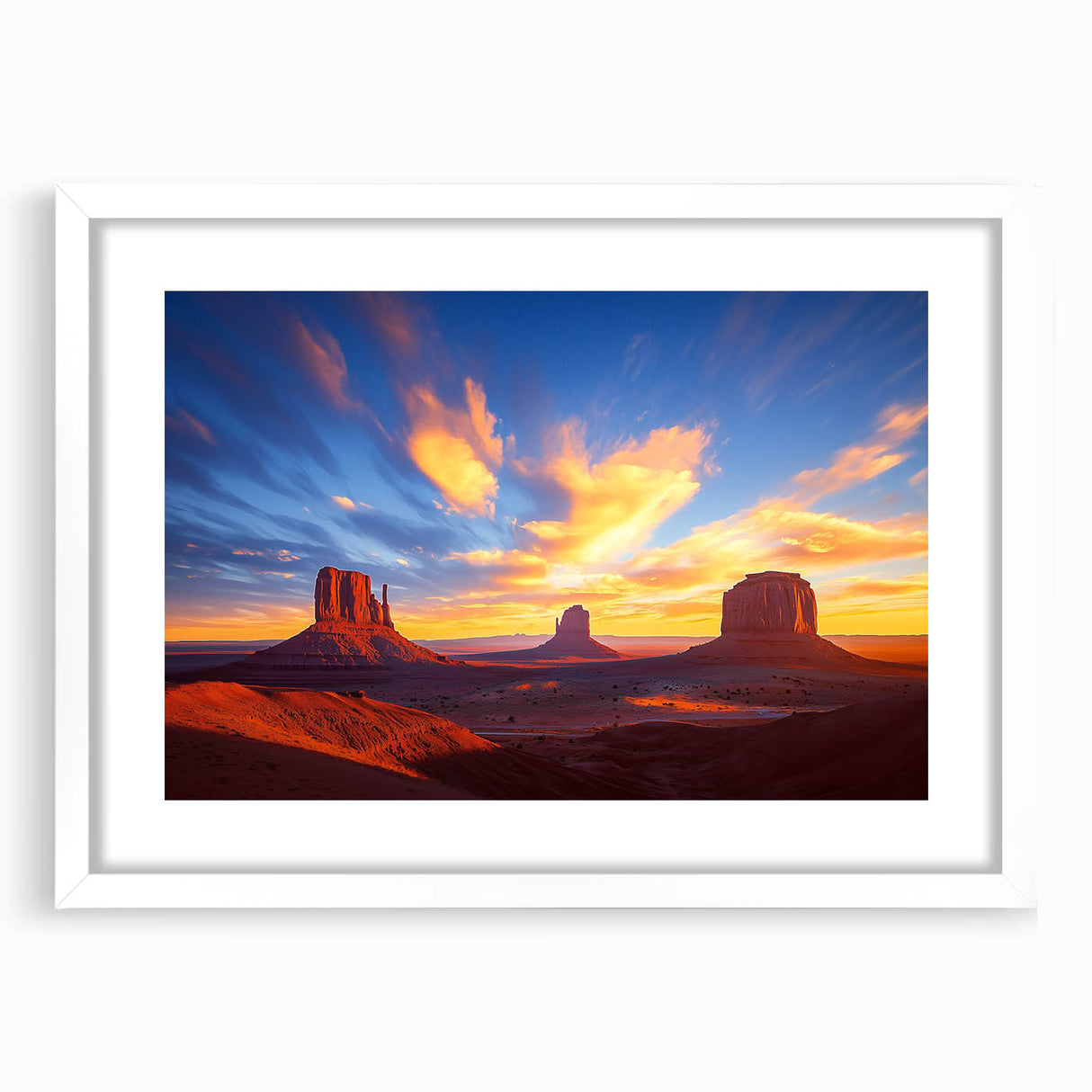 Desert landscape artwork framed in white with a mat, showcasing warm earth tones and intricate details, perfect for enhancing modern home decor.