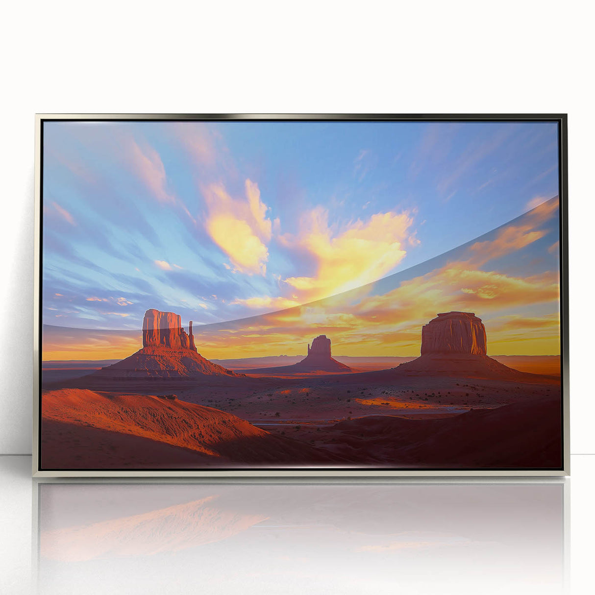 Framed acrylic artwork of a desert landscape featuring warm tones of orange and beige, set against a sleek silver frame, perfect for modern home decor.