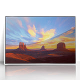 Framed acrylic artwork showcasing a vibrant desert landscape with warm earthy tones and striking blue skies, ideal for modern home decor.