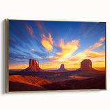 Framed canvas artwork depicting a stunning desert landscape with vibrant gold accents, showcasing rolling dunes under a clear blue sky, perfect for home decor.