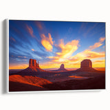 Framed canvas artwork depicting a serene desert landscape with warm hues of orange and yellow, displayed in a white frame, ideal for home decor and enhancing interiors.