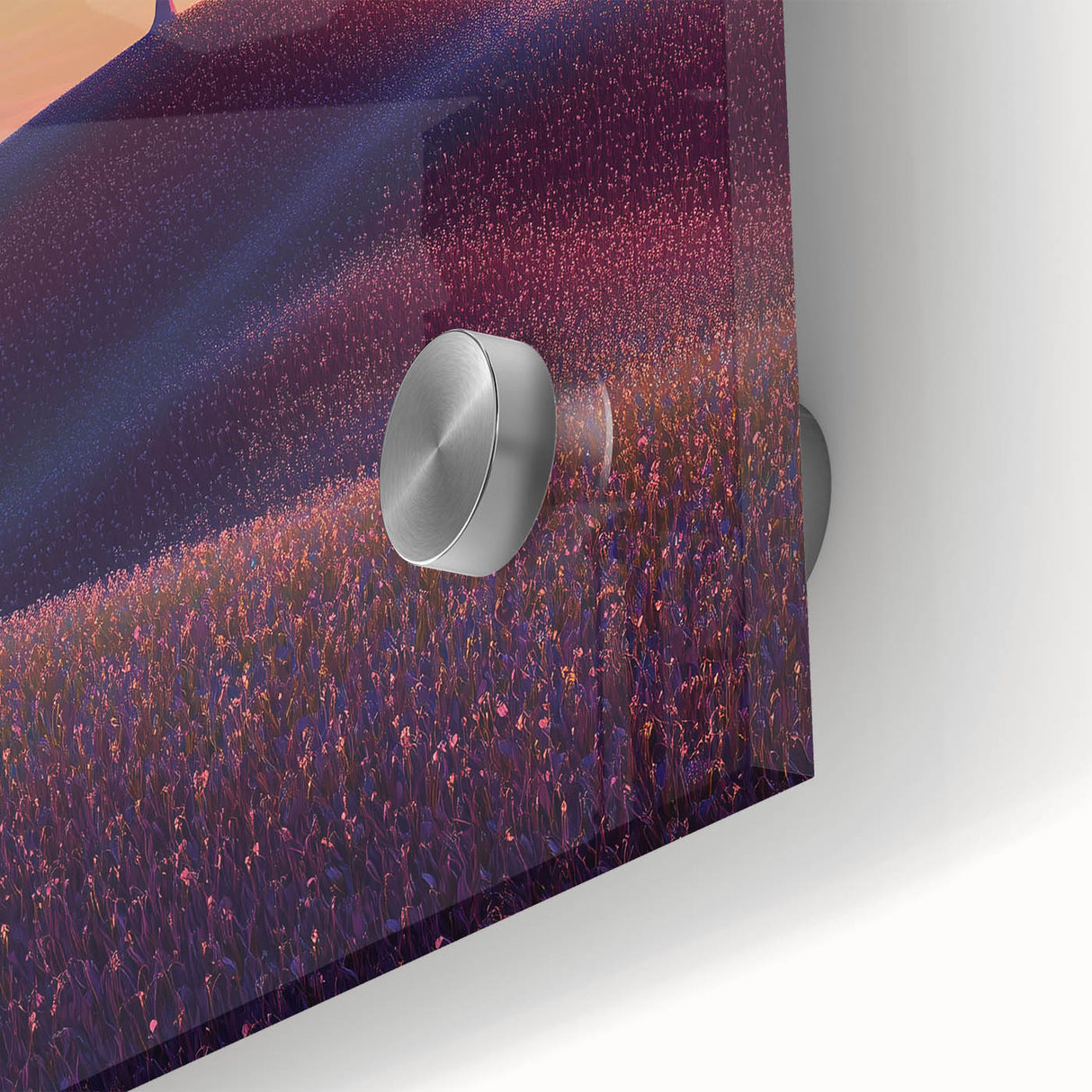 Close-up of a vibrant acrylic landscape artwork depicting lush green fields under a clear blue sky, showcasing intricate details and vivid colors, ideal for home decor.