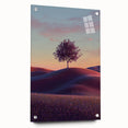 Acrylic glass artwork showcasing a vibrant landscape of rolling fields, displayed from a side view with decorative pins for mounting, emphasizing its colorful details and depth.