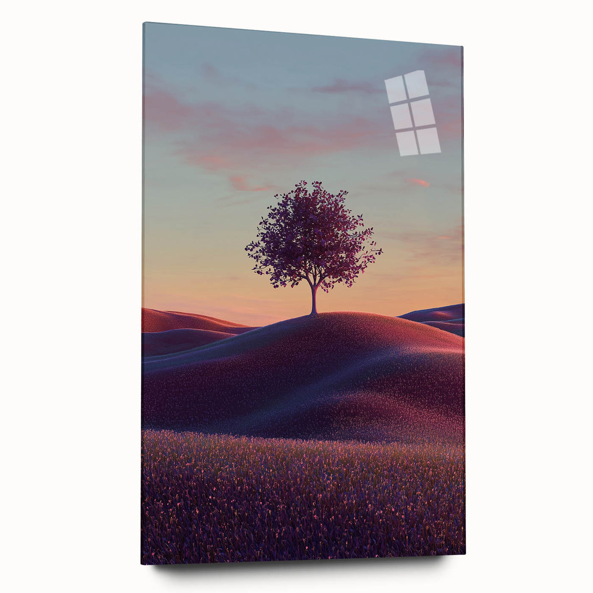 Acrylic glass panel displaying a vibrant landscape featuring lush green fields under a clear blue sky, showcasing natural beauty and serenity in a side view.