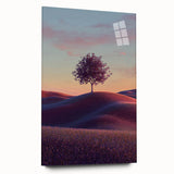 Acrylic glass panel displaying a vibrant landscape featuring lush green fields under a clear blue sky, showcasing natural beauty and serenity in a side view.