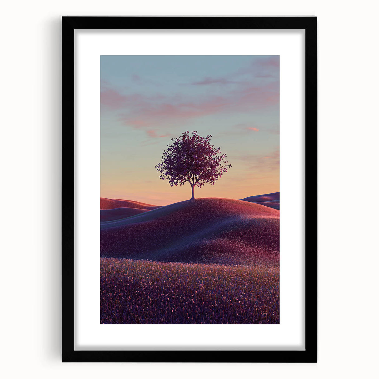 Framed landscape artwork featuring vibrant fields and a sleek black mat, perfect for home decor. The front view showcases the intricate details and rich colors.