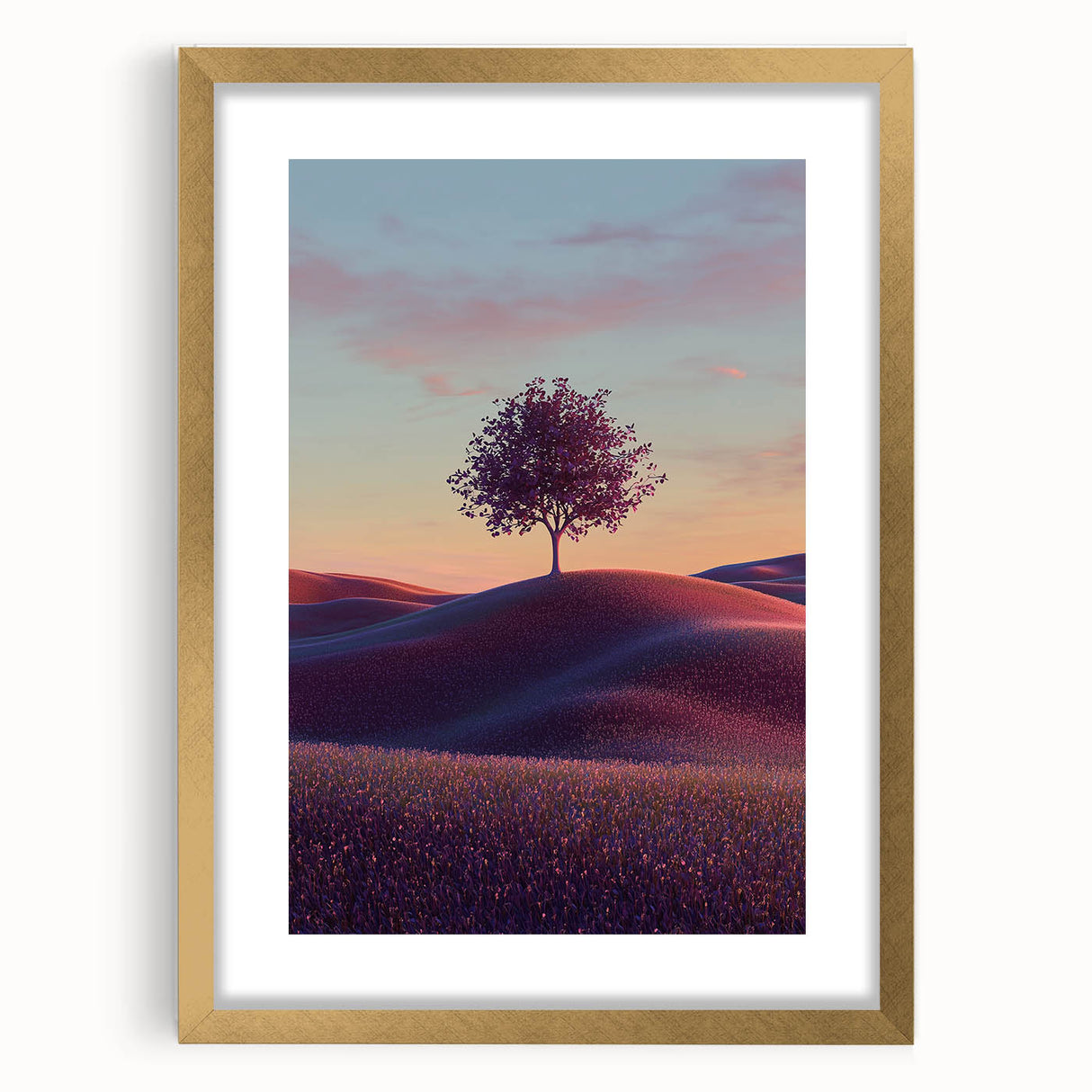 Elegant gold-framed landscape artwork featuring vibrant green fields under a bright blue sky, designed with a white mat for a sophisticated display. Perfect for home decor.