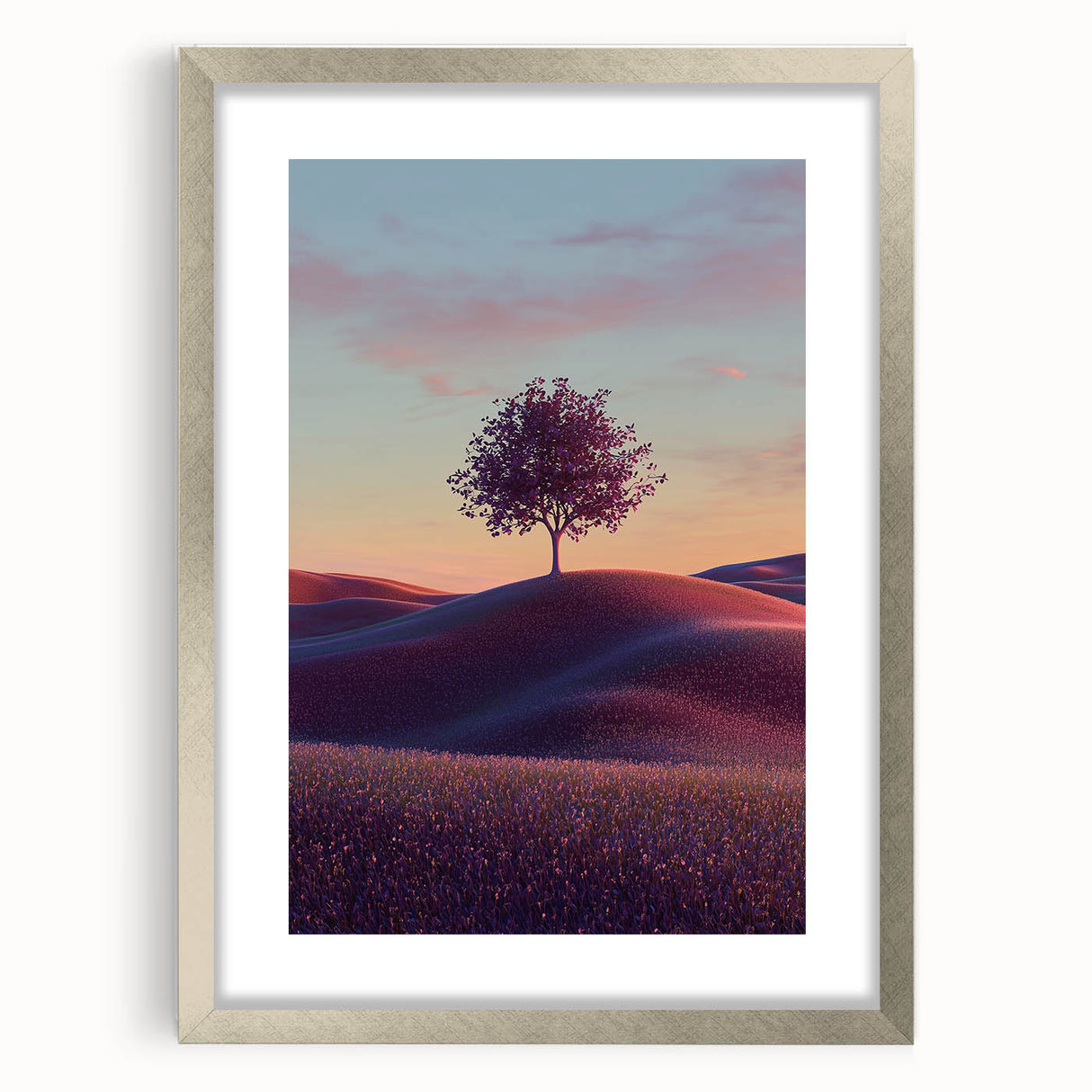 Framed landscape artwork displaying vibrant green fields under a bright blue sky, encased in a sleek silver frame with a white mat, ideal for home decor.