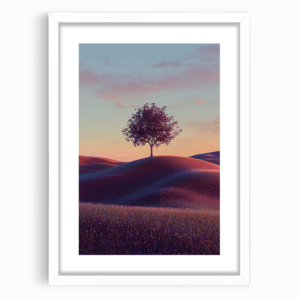 Framed landscape print featuring vibrant green fields and a serene blue sky, enclosed in a white mat for a polished look, ideal for home decor.