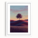 Framed landscape print featuring vibrant green fields and a serene blue sky, enclosed in a white mat for a polished look, ideal for home decor.
