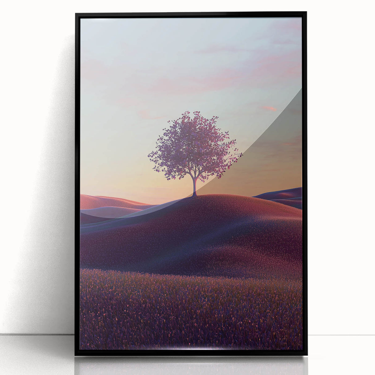 Framed acrylic art depicting a serene landscape of lush green fields under a bright blue sky, showcased with a sleek black frame, ideal for home decor.