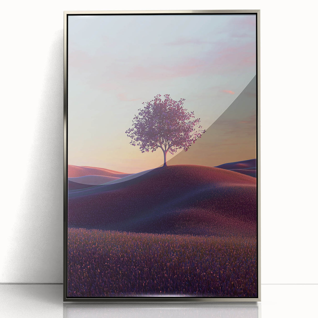 Framed acrylic artwork showcasing a serene landscape of vibrant green fields under a bright blue sky, elegantly presented with a sleek silver frame.