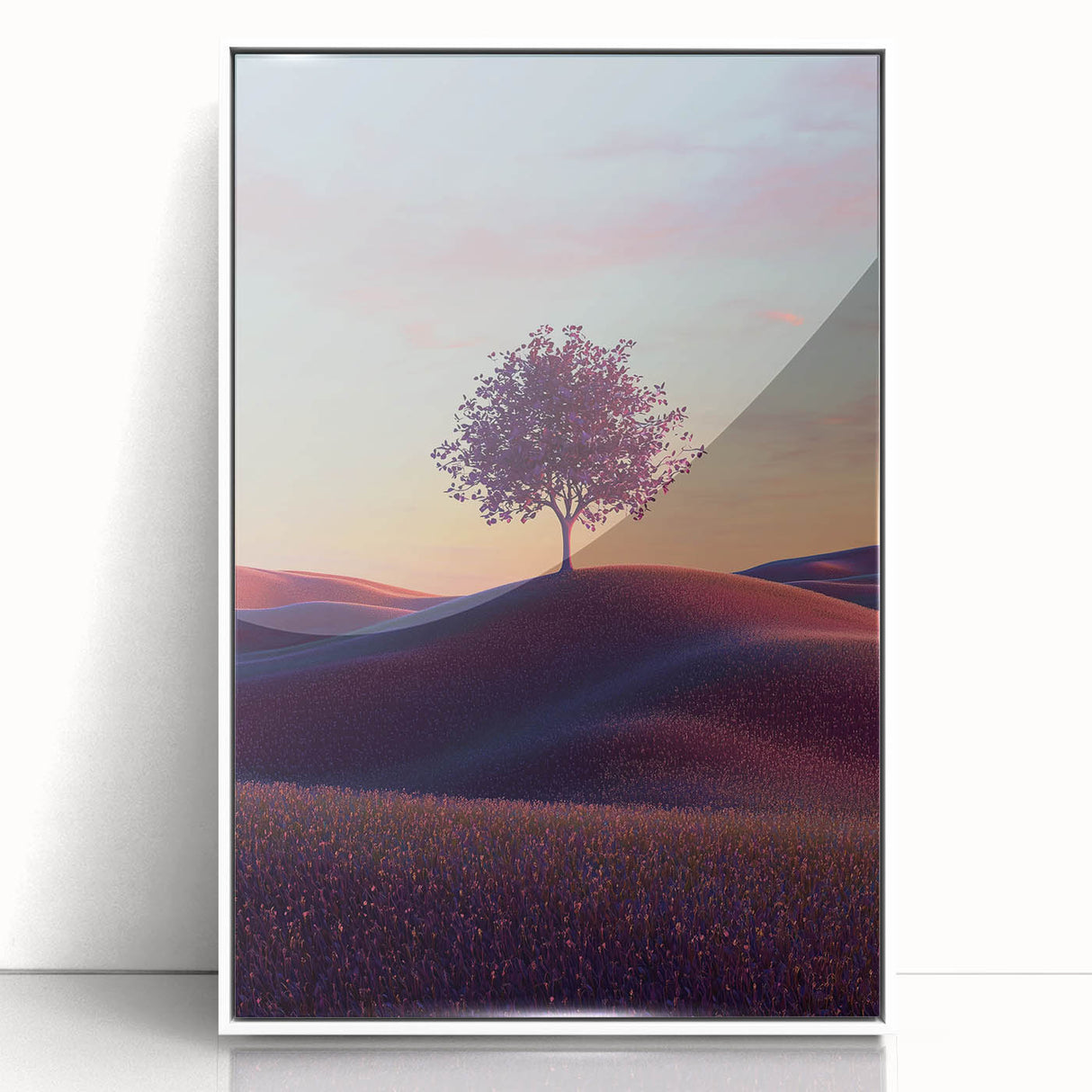 Framed acrylic artwork showcasing a vibrant landscape with rolling fields in shades of green and gold, presented in a sleek white frame, ideal for modern decor.