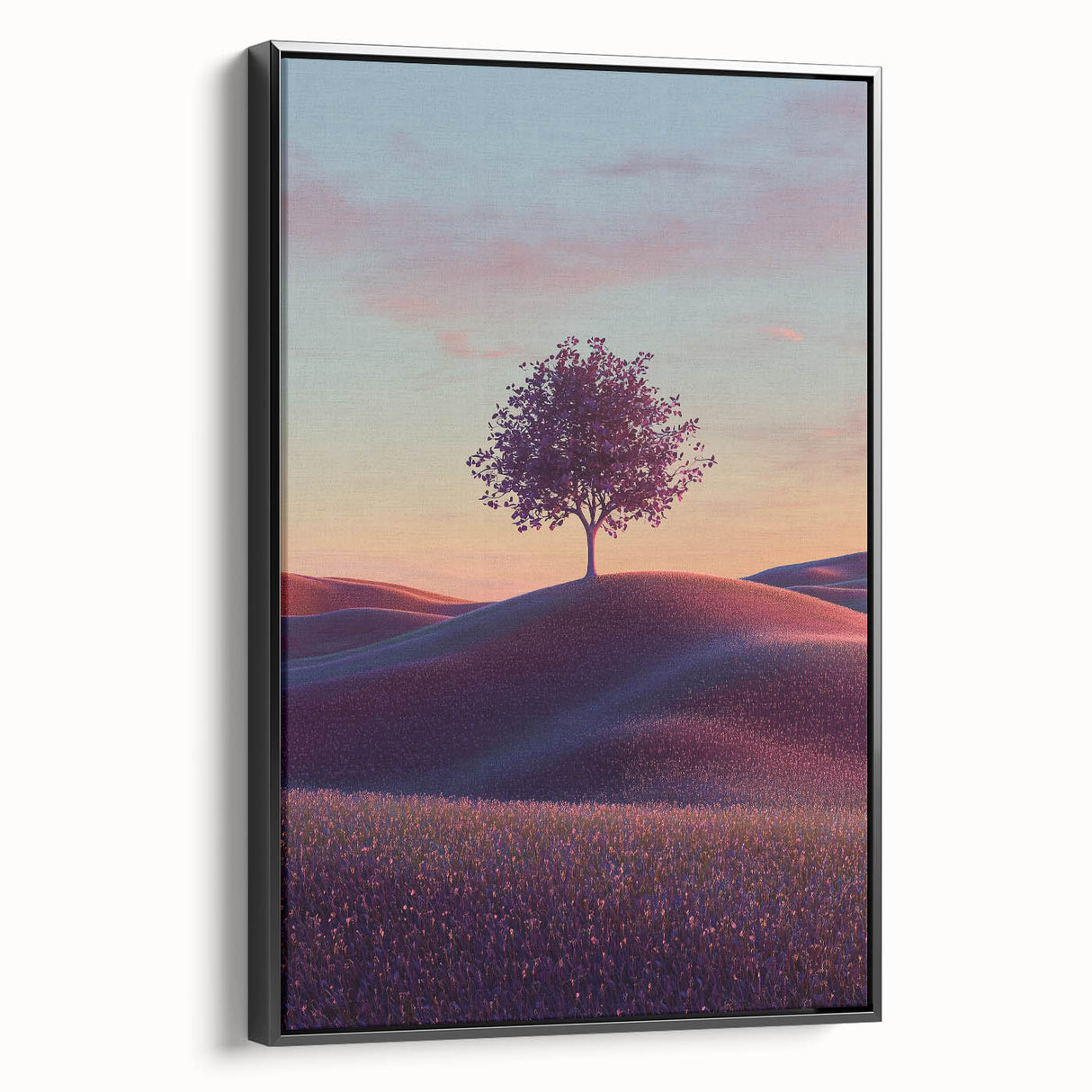 Framed canvas artwork showcasing serene landscapes with vibrant green fields and blue skies, presented in a sleek black frame, ideal for home decor.