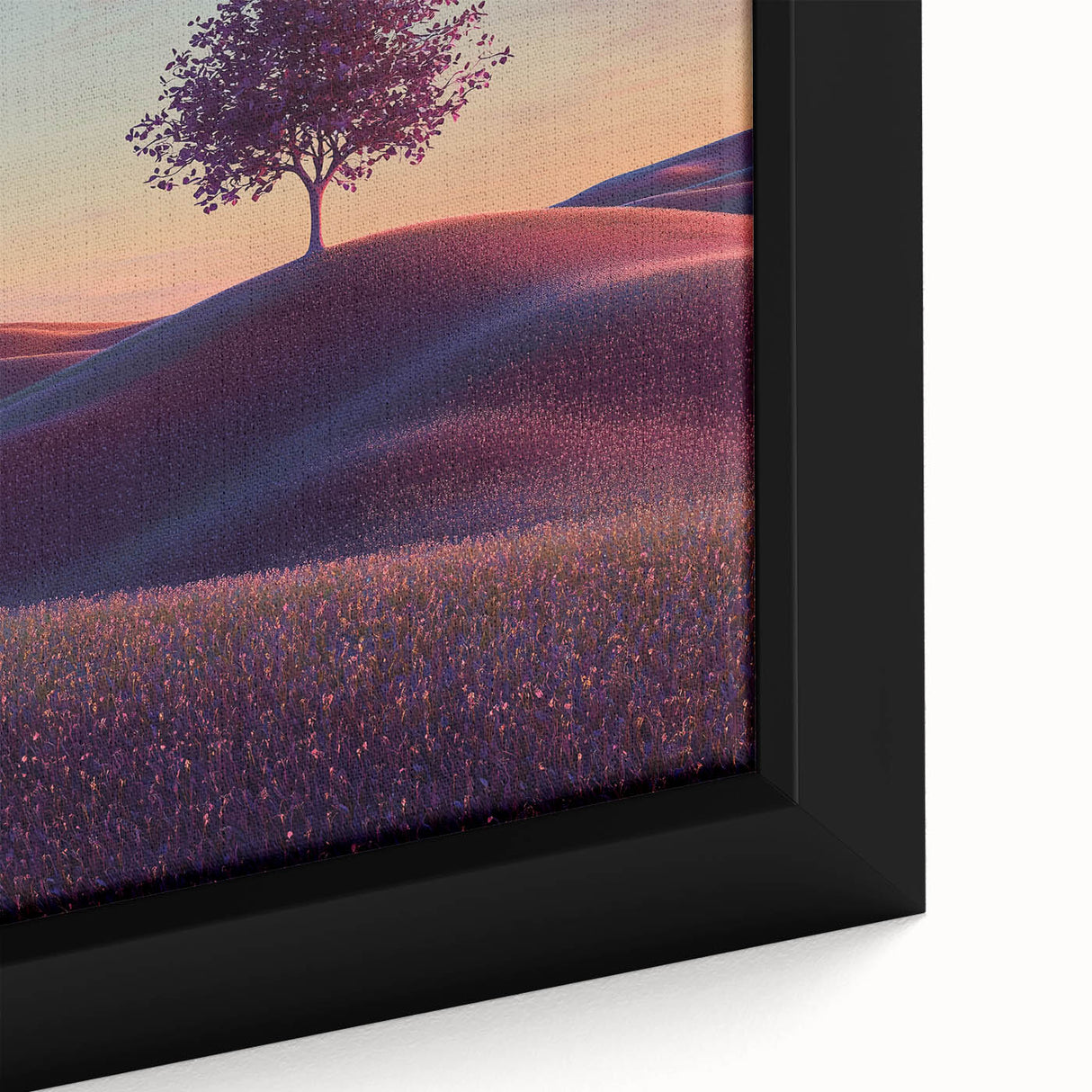 Close-up of a vibrant framed canvas showcasing a serene landscape of rolling fields under a clear blue sky, highlighting rich greens and warm earth tones. Ideal for home decor enthusiasts seeking nature-inspired art.