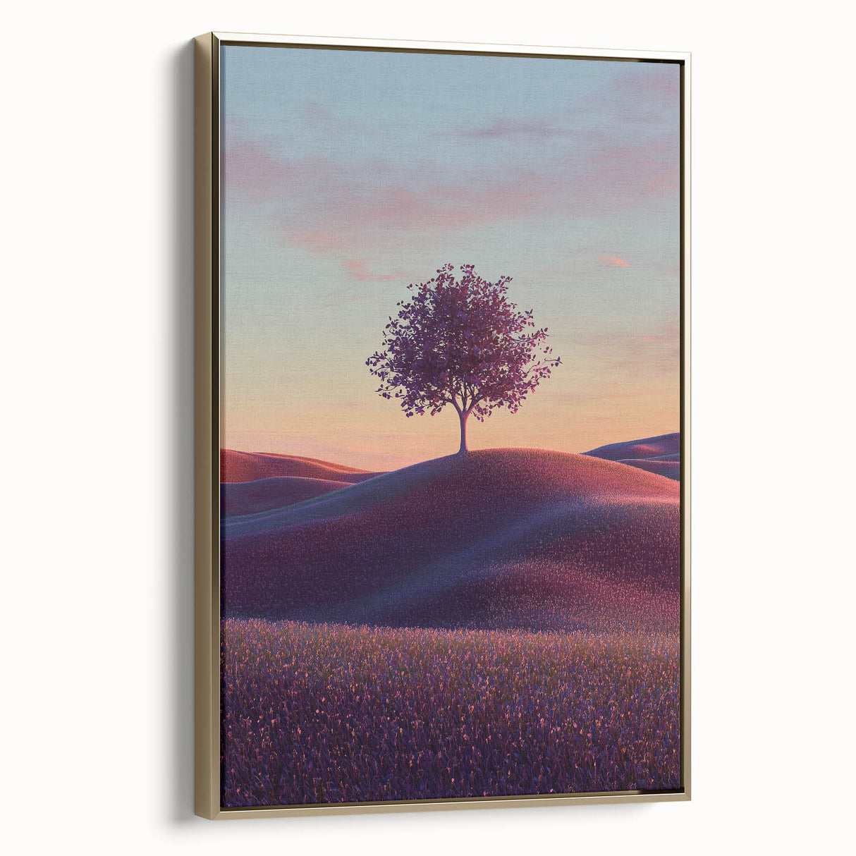 Framed canvas artwork showcasing a serene landscape with golden hues, depicting rolling fields and a tranquil atmosphere, ideal for enhancing home decor.