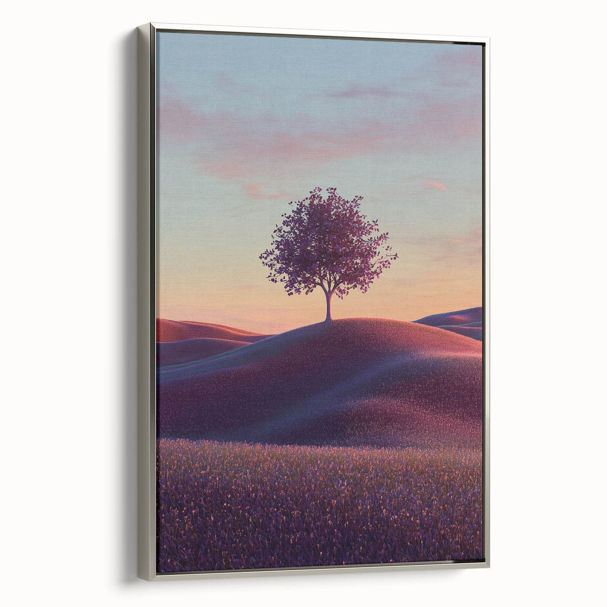 Framed canvas artwork showcasing a picturesque landscape with vibrant fields, elegantly bordered in silver. Perfect for enhancing home decor with natural beauty.