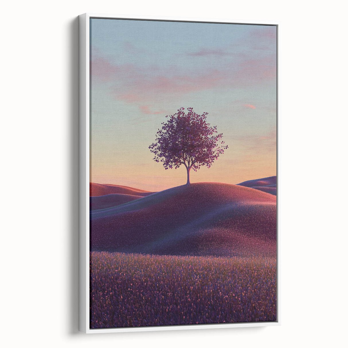 Framed canvas artwork showcasing a vibrant landscape of rolling green fields and a cloudy sky, presented in a sleek white frame, perfect for home decor.