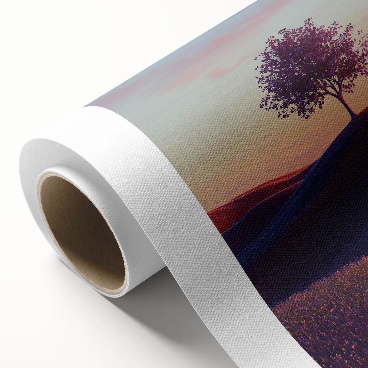 Vibrant rolled canvas print showcasing a serene landscape of lush green fields under a bright blue sky, elegantly packaged in a durable cardboard tube for protection.