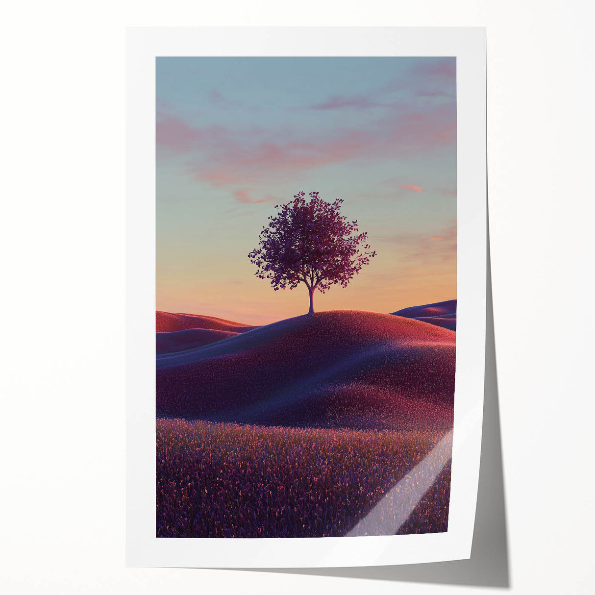 Vibrant rolled canvas print showcasing a serene landscape of lush green fields under a clear blue sky, elegantly wrapped in a protective cardboard tube for safe shipping. Ideal for home decor, this artwork brings nature's tranquility indoors.