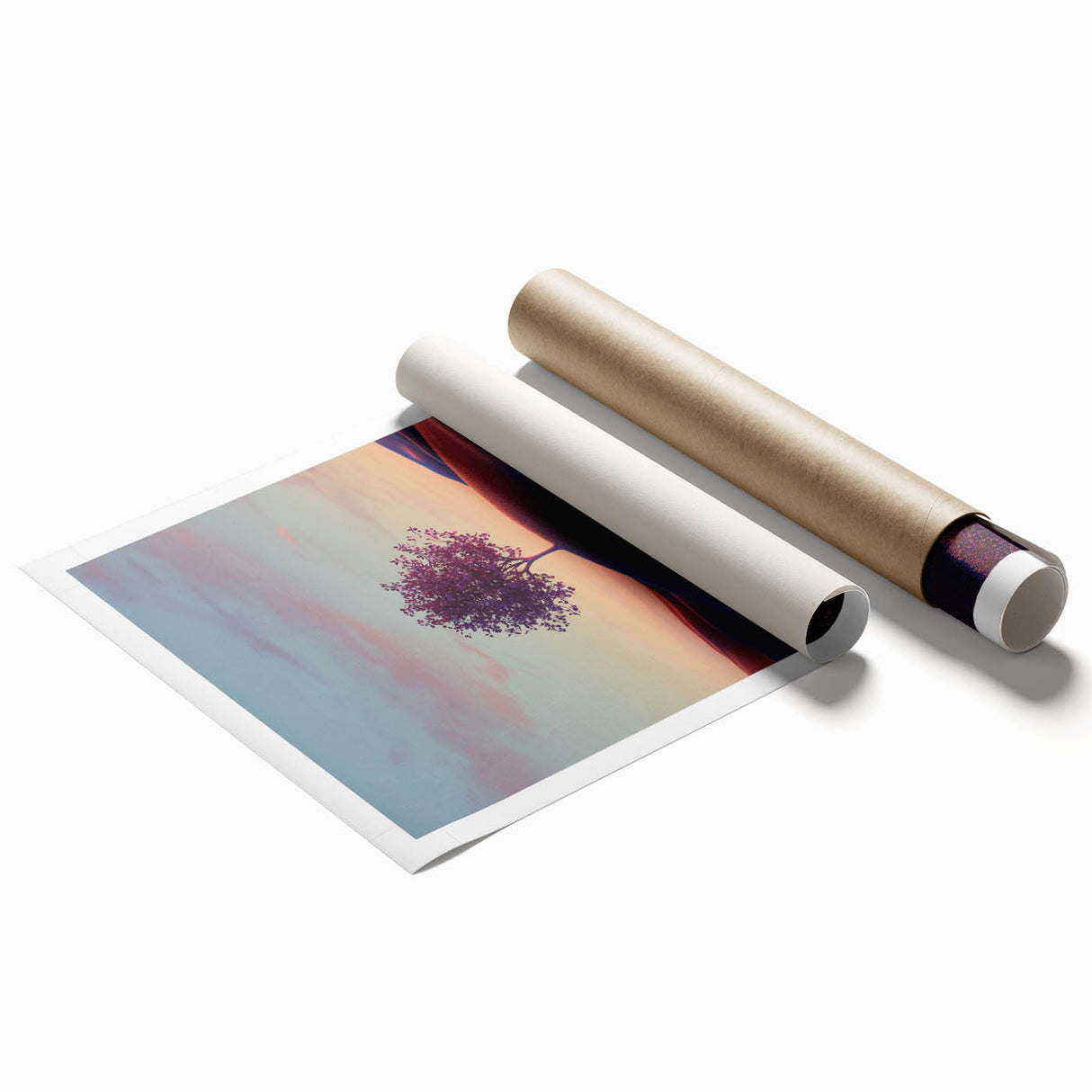 Vibrant rolled print of a scenic landscape featuring lush green fields under a bright blue sky, designed for wall decor, showcasing nature's beauty in a striking composition.