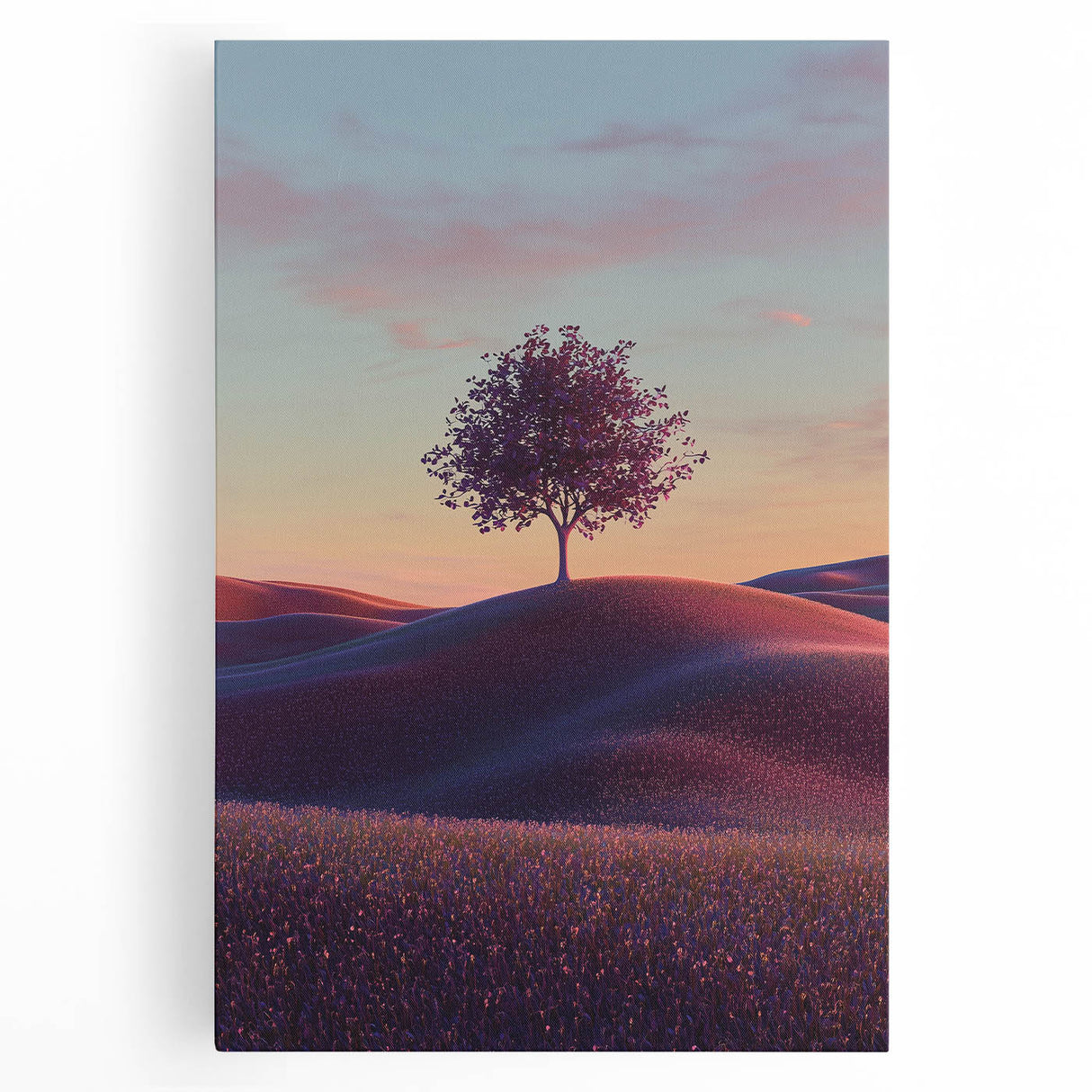 Vibrant stretched canvas artwork depicting a serene landscape of rolling green fields under a bright blue sky, perfect for home decor and nature enthusiasts.