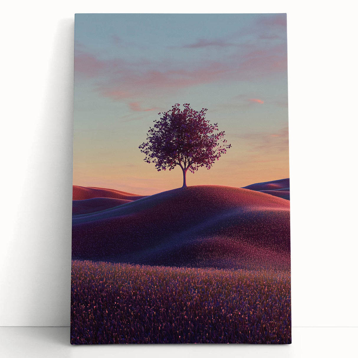 Vibrant stretched canvas artwork depicting a serene landscape with rolling green fields and a blue sky, creating a peaceful ambiance perfect for home decor.