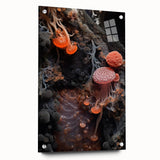 Large abstract wall art on acrylic glass featuring swirling blue and gray tones, suitable for bedroom or dining room decor.