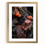 Abstract art print featuring textured swirls in earth tones, framed in gold, ideal for extra large wall art in a living room.