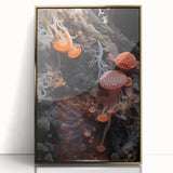 Large art print of abstract natural elements in gold and white tones on framed acrylic, ideal for modern art wall decor.