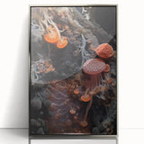 Mid-century modernist art featuring abstract shapes in muted tones on a silver-framed acrylic, ideal for nursery wall art.