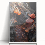 Art deco poster of natural elements in muted earth tones, acrylic print in white frame, suitable for nursery wall art.