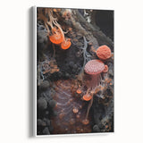 Vintage poster art of natural close-ups on a white framed canvas, in muted earth tones, ideal for living room decor.