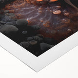 Art deco poster featuring geometric patterns in muted gold and black on rolled canvas, suitable for dining room or bathroom.