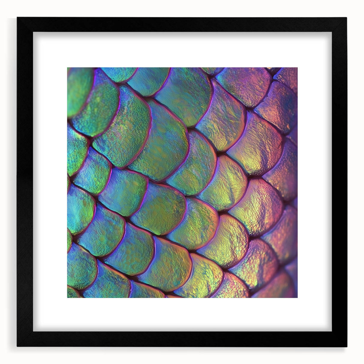 Extra large abstract art print featuring a colorful, textured close-up of animal motifs on a black framed canvas.