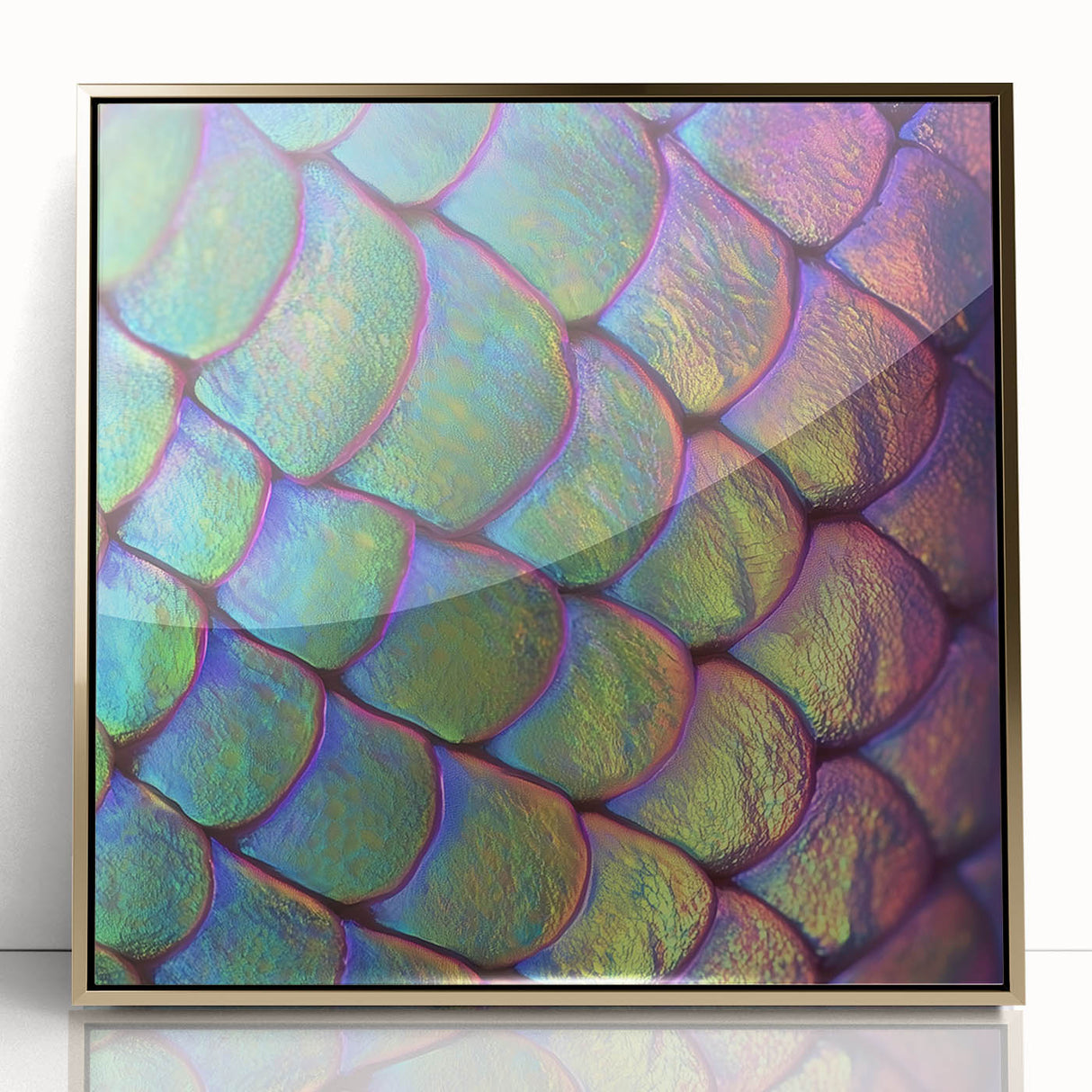 Close-up of a butterfly on a leaf, in vibrant colors, printed on a gold-framed acrylic, ideal for modern art wall decor.