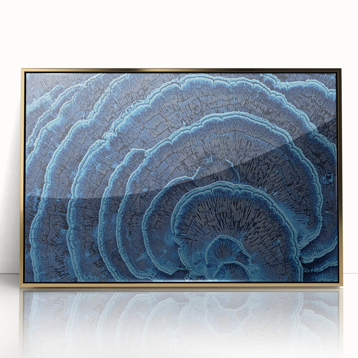 Large art print of close-up floral imagery in soft pastels on acrylic, framed in gold, suitable for nursery wall art.