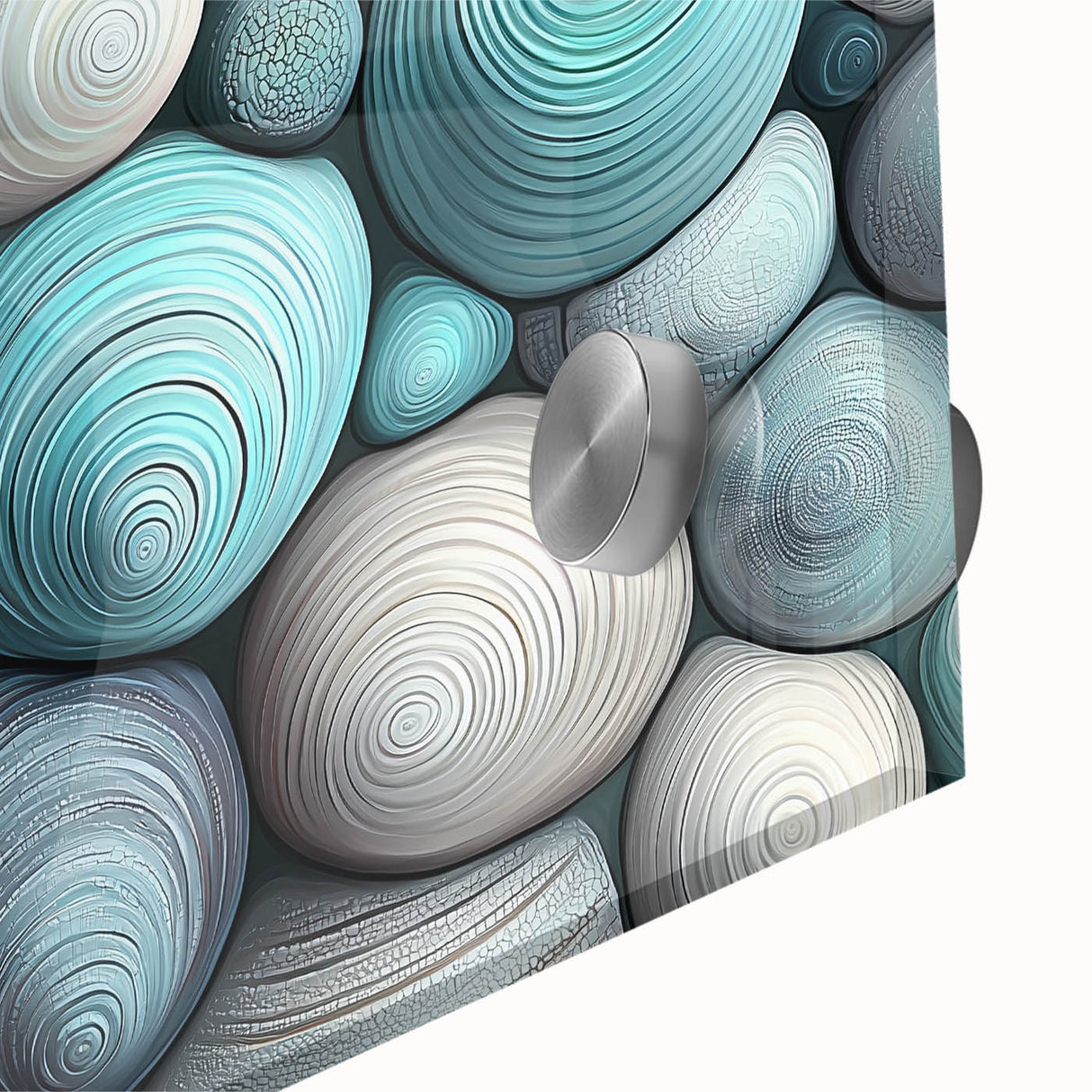 Large abstract wall art featuring close-up nature elements in muted greens and browns on acrylic glass.