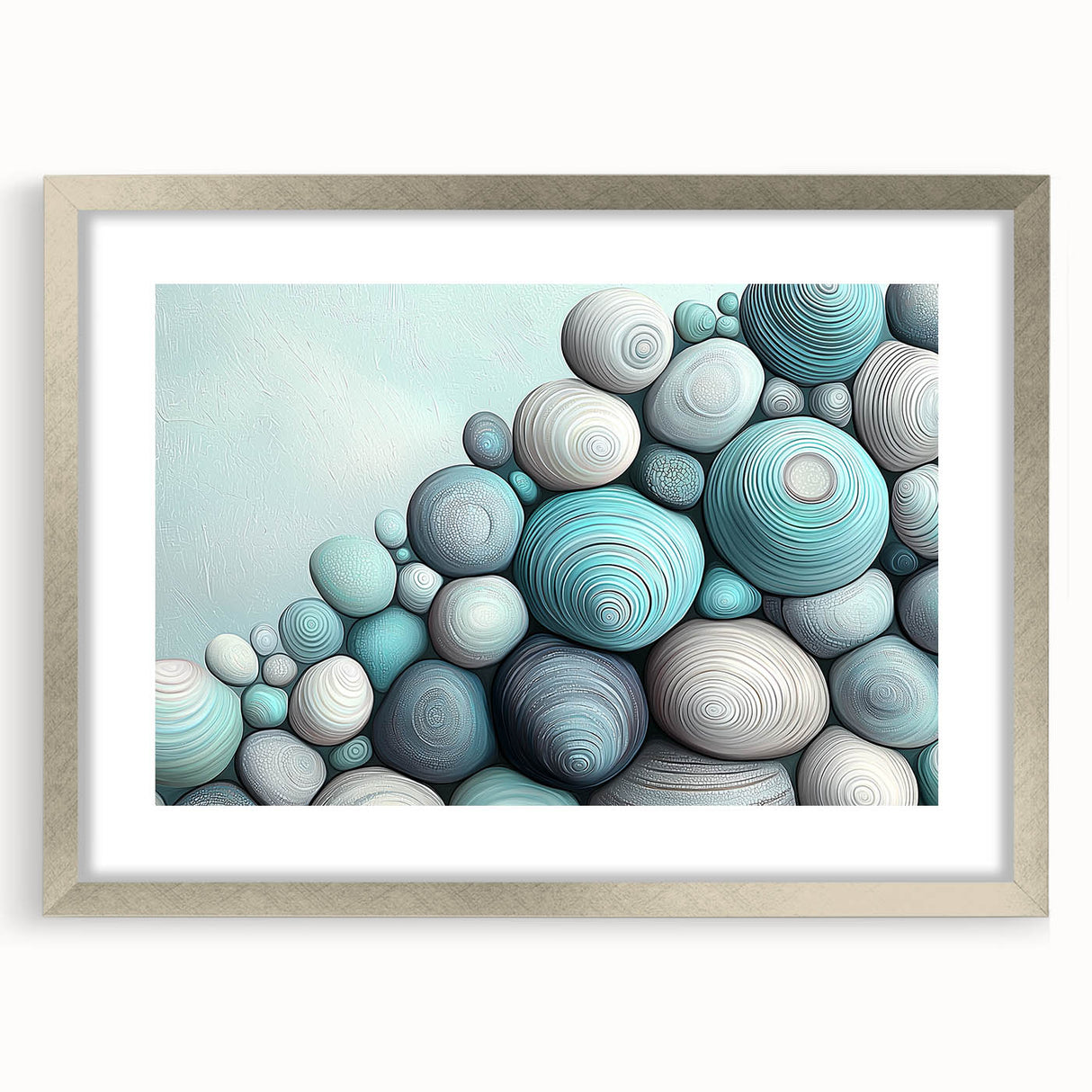 Textured art depicting abstract nature elements in muted green and brown tones, framed with a silver mat.