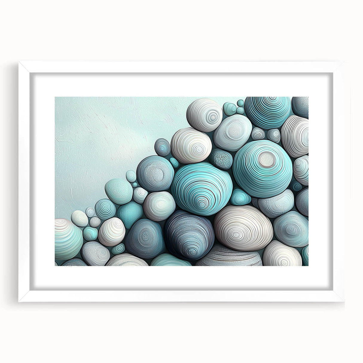 Abstract art print featuring close-up nature elements in muted green and brown tones, framed in white.