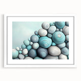 Abstract art print featuring close-up nature elements in muted green and brown tones, framed in white.