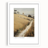 Abstract art print featuring swirling blue and grey tones on a white framed canvas.