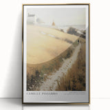 Mid-century modernist style large art print of a landscape, in muted greens and blues, framed in gold acrylic.