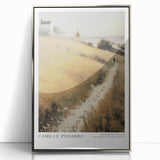 Mid-century modernist art of abstract shapes in muted colors on a silver-framed acrylic, suitable for nursery wall art.