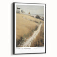 Black and white vintage poster art depicting a landscape, printed on framed canvas, suitable for bedroom decor.