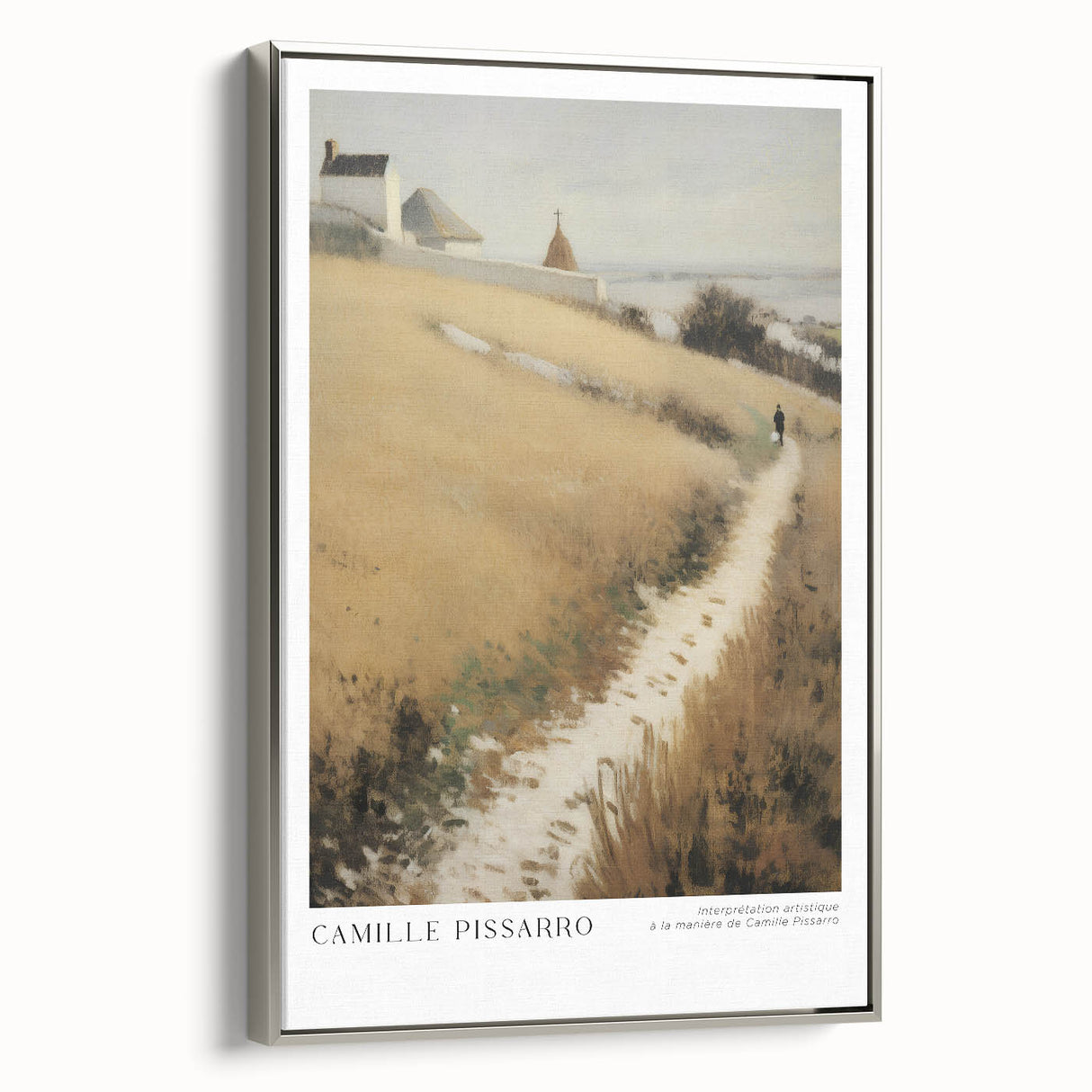 Vintage-style landscape painting on a silver-framed canvas, featuring colorful art with black accents.
