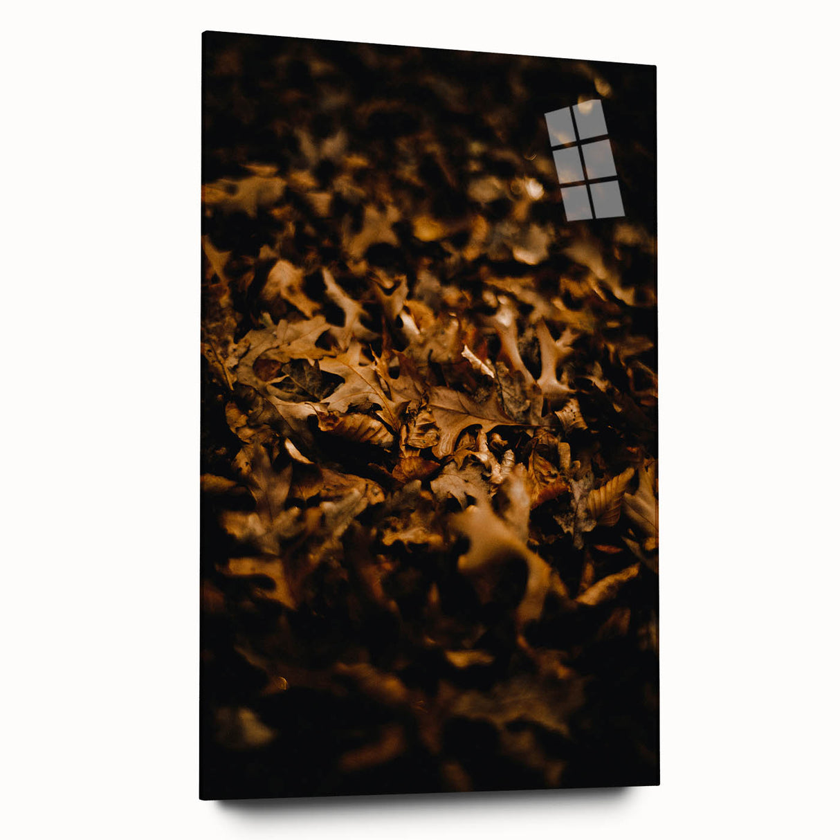 Large abstract wall art on acrylic glass showcasing swirling autumnal hues, ideal for bedroom or dining room decor.