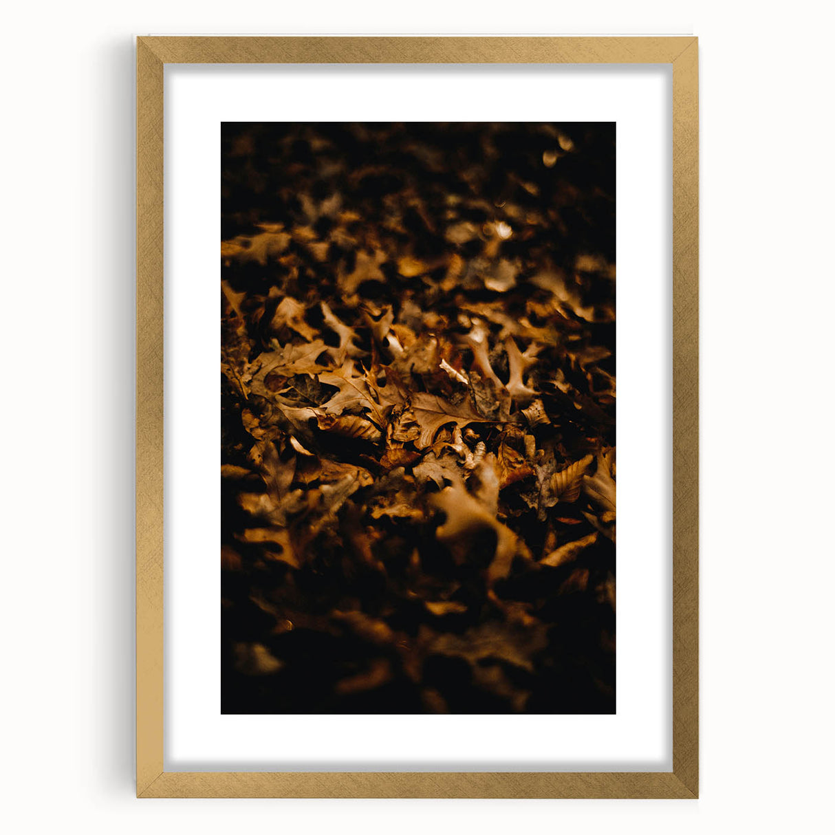 Extra large abstract art print featuring textured fall colors in a gold frame, ideal for living room decor.