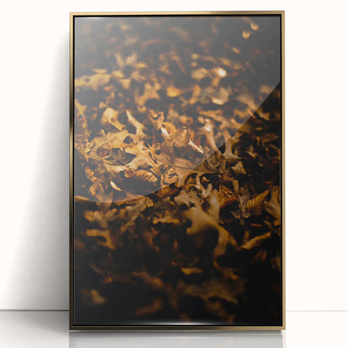 Large art print featuring a mid-century modernist autumn scene in warm gold and brown tones, acrylic framed.