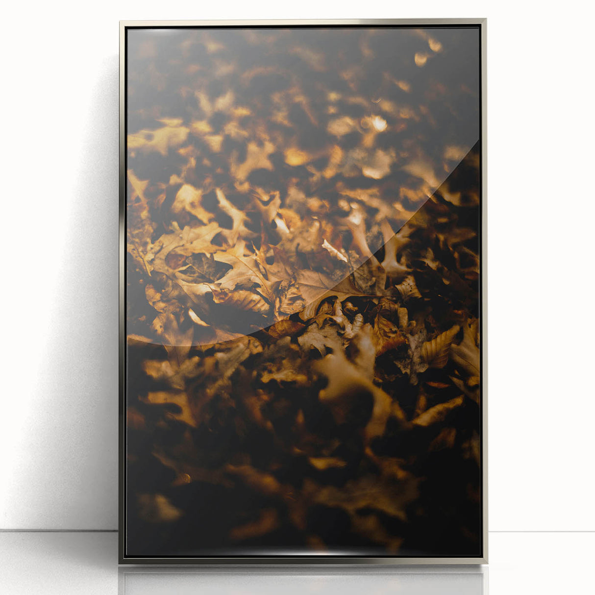 Mid-century modernist art depicting autumn trees in orange and brown tones on a framed acrylic print.
